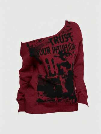 Grunge Punk Vintage Music Festival Party Skeleton Tie-Dye Print Loose Asymmetric-Shoulder Women Kpop Sweater