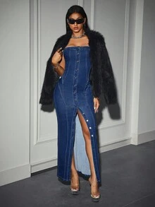 Jeanoix Y2K Front Button High Stretch Tube Top Denim Dress