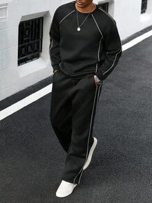 Manfinity Homme Men's Casual Crew Neck Long Sleeve Sweatshirt And Sweatpants Set, Autumn/Winter Mens Two Piece Outfit Sweatpants Mens Street Wear Sets Men Two Piece Set Black - Black and White - View 5
