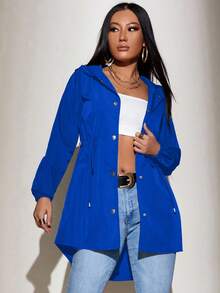 EURMUSE Women's Casual Solid Color Cinched Waist Hooded Coats - Royal Blue - View 6