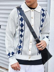 Manfinity CasualKnits Men's Casual Geometric Striped Pattern Drop Shoulder Loose Button-Front Cardigan, Autumn/Winter Men Knitted Button Up Crochet Men Shirt White And Blue Graphic Shirt Men Men Cardigan Sweater Read Antique White And Blue Shirts Men - Multicolor - View 3