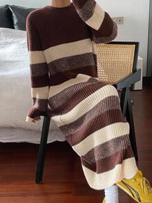 DAZY Women's Casual Loose Colorblock Striped Sweater Dress, Autumn