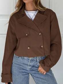 SHEIN EZwear 女式休闲纯色双排扣短款夹克，秋季 - 鏽棕色 - 查看 3