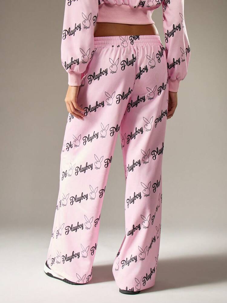 Missguided x Playboy Oversized Classic Wide Leg Joggers Bunny Print Loungewear Fleece Sweatpants Comfortable Elastic Waist Cozy Winter Pants
