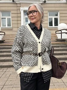 Vivie Lora Women's Casual Zebra Print Loose Cardigan, Autumn/Winter - Black and White - View 5