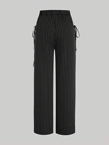 Sweetra Plus Size Striped Pocket Drawstring Loose Straight Leg Pants Fall Cloth For Women - Black and White - View 2