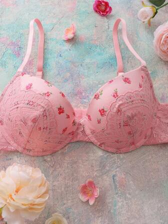 FloralLove 女士花卉印花蕾丝拼接钢圈高支撑文胸