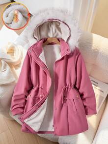 SHEIN Teen Girl Casual Versatile Pink Hooded Faux Fur Lined Thick Jacket, With Gold Buttons, Pink Drawstring Waist, White Fur Trim Hood, Suitable For Autumn/Winter Outings, Travels, Walks, Matching With Long Sleeve Tops, Sweaters, Pants Fall