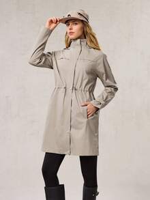 OutZeal 女式防水抽绳腰侧口袋长款户外夹克徒步露营秋冬 - 卡其色 - 查看 7