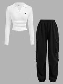 SHEIN Girlism 少女纯色宽松休闲紧身工装裤和翻领T恤套装 - 黑與白 - 查看 9