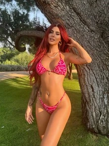 Bearsaez Women's Random Printed Metal Decor Halter Bikini Set, Sexy Swimsuit For Summer Beach Vacation