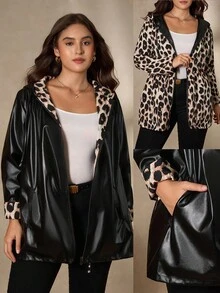 SHEIN Clasi 大码女式双面连帽宽松时尚百搭豹纹PU皮连帽外套，冬季复古风，适合外出、秋季穿着，舒适保暖，亦可作为万圣节、圣诞节、新年等节日的服装。 - 黑色 - 查看 2