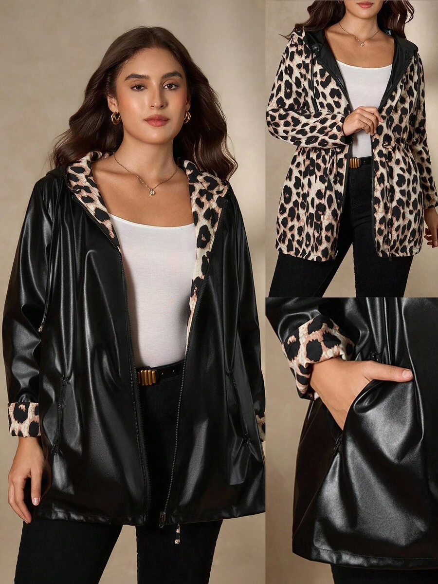 SHEIN Clasi 大码女式双面连帽宽松时尚百搭豹纹PU皮连帽外套，冬季复古风，适合外出、秋季穿着，舒适保暖，亦可作为万圣节、圣诞节、新年等节日的服装。