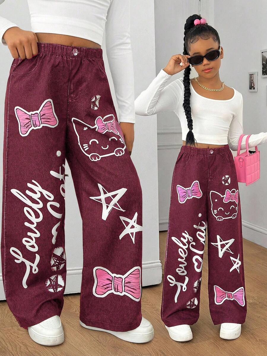 Sparklyn Tween Girls Elastic Waist Loose Printed Wide Leg Pants, Suitable For Street & Everyday Wear, Spring/Autumn - Pink - View 1