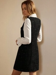 2 件套女士服装套装：闪亮单排扣衬衫和连衣裙，适合春秋季节 - 彩色 - 查看 2
