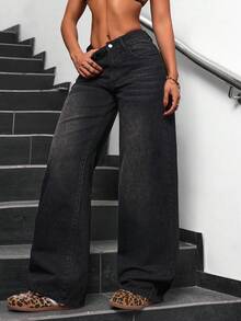 SHEIN PETITE 女式休闲水洗低腰阔腿牛仔裤 - 黑色 - 查看 5