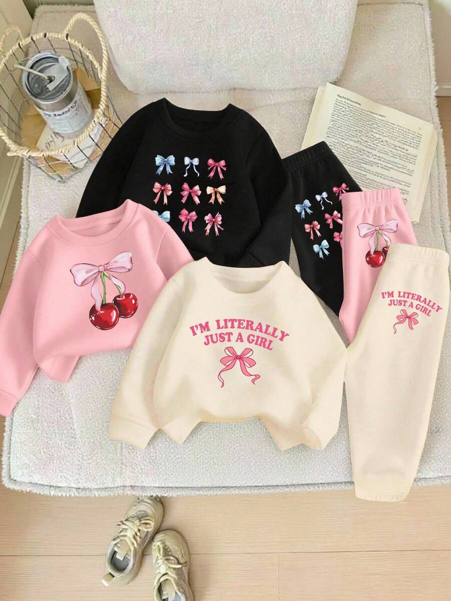 2 Stücke Mädchen Outfit mit Schleife & Kirsche Grafik, kuschelig warm, beinhaltet Sweatshirt mit Rundhalsausschnitt und Hose, geeignet für Herbst/Winter