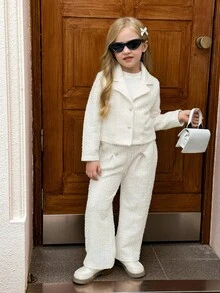 SHEIN Elladie kids Conjunto de jaqueta curta com gola confortável e calça comprida casual para meninas - Branco - Ver 4