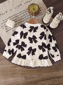 SHEIN Baby Girls' Butterfly Print Sweatshirt With Embroidered Ruffle Hem Fall Winter - Black - View 3