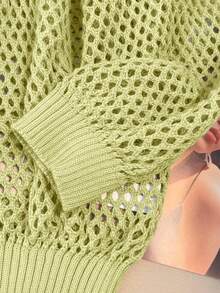 SHEIN Clasi 休闲宽松圆领长袖镂空加大码套头毛衣 - 鵝黃色 - 查看 5