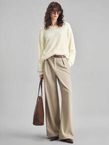 Ontre 2025新款超大羊毛混纺圆领长袖针织上衣，休闲都市风格，米色，宽松版型，适合秋季，商务休闲，通勤，日常穿着 - 杏色 - 查看 6