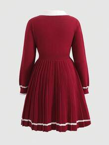 SHEIN Tween Girl Casual Jacquard Ruffle Collar Long Sleeve Knit Dress, Red Dress, Suitable For Christmas, New Year Party, Preppy Style, Daily Wear - Red - View 4