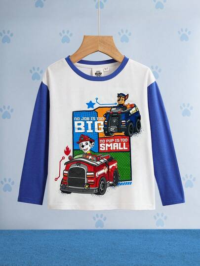 SHEIN | PAW Patrol Young Boy Cartoon Pattern Contrast Color Round Neck Long Sleeve Loose Casual Knit T-Shirt