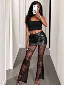 BamGleam 女士时尚性感蕾丝拼布PU紧身裤 - 黑色 - 查看 1