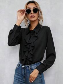 EMERY ROSE 荷葉邊紐扣襯衫 - 黑色 - 查看 3