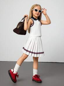 Hanevo مجموعة فتاة من ملابس علوية كنزة بياقة على شكل V مزر وتنورة قصيرة منسدلة 2 قطعة/طقم ، مناسب للمدرسة والخروجات ، لجميع المناسبات والاستخدام اليومي ، مناسب للصيف