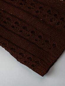 Celisse 女式休闲度假风格深 V 领撞色蕾丝前系带短款镂空轻薄开衫，秋季 - 咖啡棕 - 查看 4