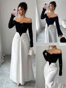 Rafferiza Women's Elegant White And Black Off-Shoulder Contrast Pleated Splicing Glittering Knitted Long Dress,Formal Autumn Luxury Evening Wedding Guest Gown - Black and White - View 1