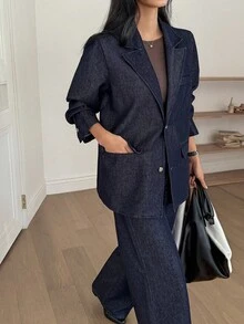 DAZY 女式翻领宽松西装外套和直筒牛仔裤休闲套装 - 深色水洗藍 - 查看 7