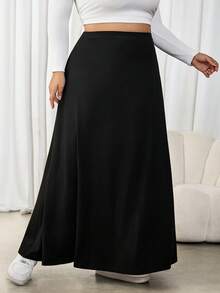 SHEIN CURVE+ Plus Size Women Black High Waist Casual Mid-Length Skirt - Black - View 3