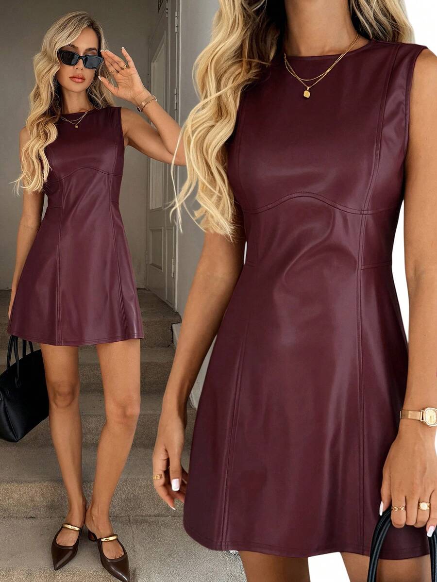 Easowa Brown PU Sleeveless A-Line Mini Dress For Women, Autumn/Winter - Burgundy - View 1