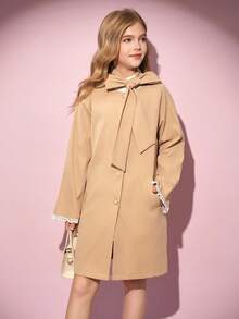 Tween Girl Casual Loose Fit Button-Up Long Sleeve Twist Collar Jacket, Autumn Fall Winter - Khaki - View 3