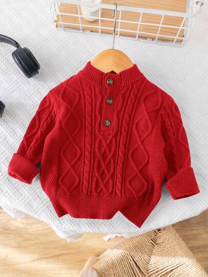 SHEIN 1 件婴儿男童/女童休闲时尚纯色针织长袖毛衣，适合秋冬季、幼儿园