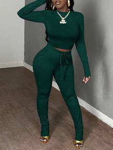 Slaydiva 2 件套女士休闲基本款秋冬圆领长袖紧身短款上衣和抽绳松紧腰紧身裤套装 - 墨綠色 - 查看 3
