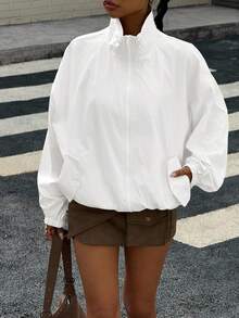 Muchica Áo khoác dệt tay dài cổ đứng màu trơn có khóa kéo dành cho nữ - trắng - Xem 4