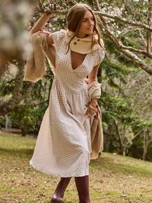 Aralina 秋冬 V 领交叉盖袖格子印花棕色方格低腰中长连衣裙，适合毕业礼服或斯德哥尔摩风格乡村风格女士连衣裙 - 彩色 - 查看 6