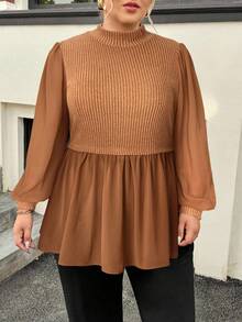 SHEIN Clasi 大码女式黑色长袖有领衬衫上衣，秋季服装 - 摩卡棕 - 查看 5