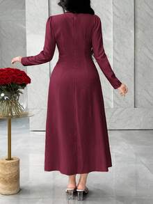 Feyla Elegant French Style Waist Cinching Pockets Minimalist Chic Slimming Dress - Burgundy - View 6