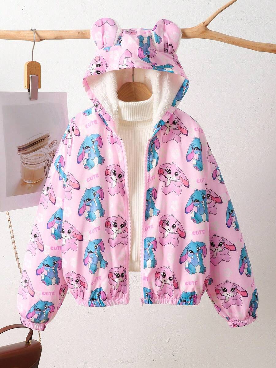 SHEIN Tween Girl Cute Cartoon Rabbit Ear 3D Design Zip-Up Fleece Jacket, Blue, Winter - Blue - View 1