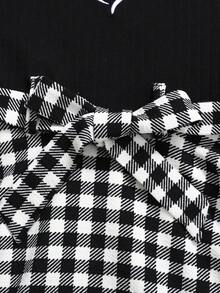 SHEIN Young Girl Casual Collared Heart Pattern Color Block Plaid Patchwork Dress - Black - View 3
