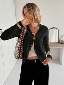 Siren Gaze Cárdigan de punto con decoración metálica para mujer, ropa casual de otoño e invierno - Negro - Ver 7