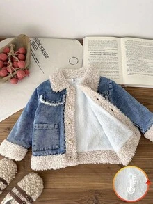 Vintaside Kids 女婴保暖衬里牛仔夹克，翻领长袖，时尚外套，适合旅行、度假、日常休闲装，秋冬