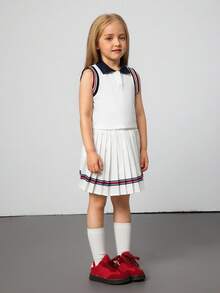 Hanevo مجموعة فتاة من ملابس علوية كنزة بياقة على شكل V مزر وتنورة قصيرة منسدلة 2 قطعة/طقم ، مناسب للمدرسة والخروجات ، لجميع المناسبات والاستخدام اليومي ، مناسب للصيف