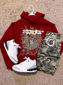 Manfinity Dauomo Men's Casual Spider Web Print Hoodie, Autumn/Winter - Burgundy - View 1