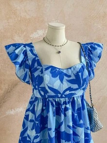 Soleia 大码女式休闲乡村风彩色柠檬水果印花甜心领荷叶袖A字短款连衣裙，可爱返校休闲夏季度假连衣裙 - 藍色 - 查看 7