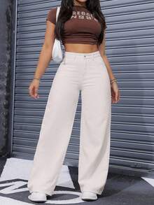SHEIN ICON Plus Size Women Casual Loose Wide Leg Solid Color Button Jeans - Apricot - View 7